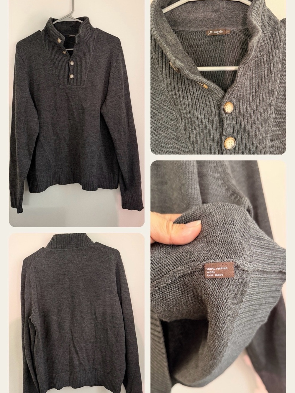 J. McLaughlin Charcoal Gray Merino Wool Henley Mock Neck Sweater Never Worn, NT